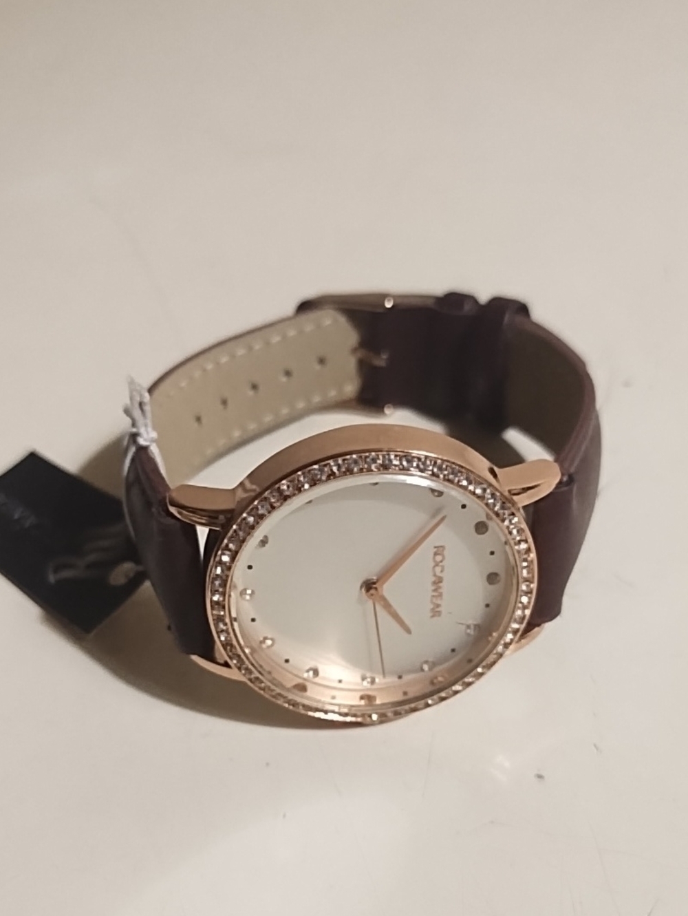 Rocawear Rose Gold Crystal Bezel Watch with Brown Strap